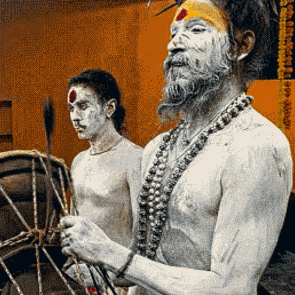 Dakota Wint and Bhavani Baba covered in ash at a Kali temple